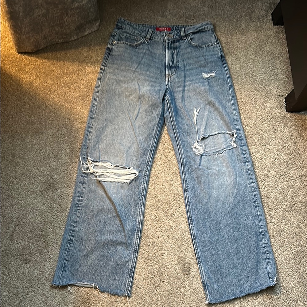 Guess Blue Flare Wide Leg Jeans with Distressed Details
